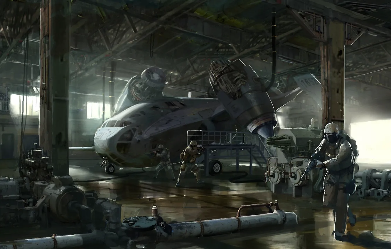 Photo wallpaper weapons, transport, ship, art, hangar, soldiers, the plane