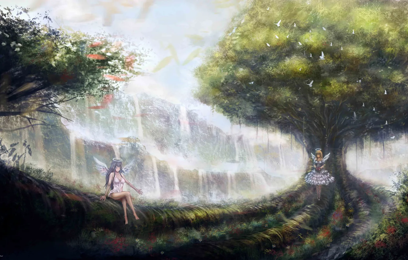 Photo wallpaper forest, flowers, waterfall, wings, anime, angels, art, birds