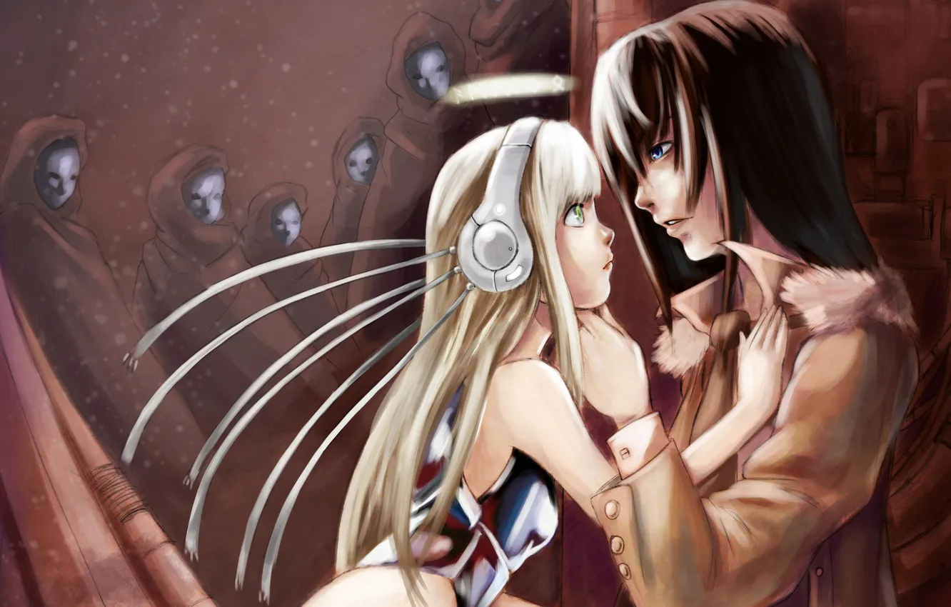 Photo wallpaper girl, people, headphones, mask, art, pair, guy, cloak
