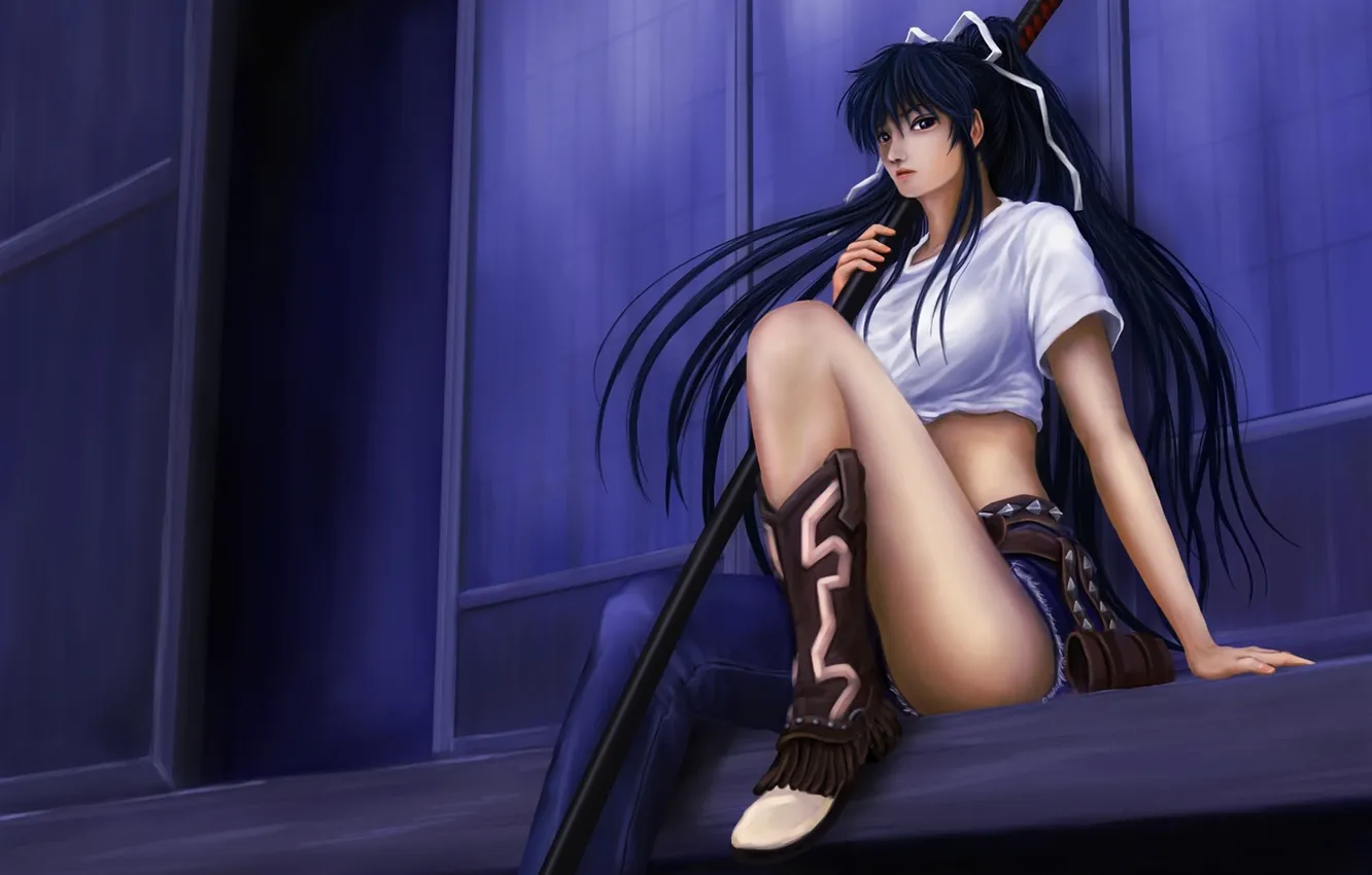 Photo wallpaper girl, jeans, sword, katana, art, sitting, to aru majutsu no index, Kaori Access