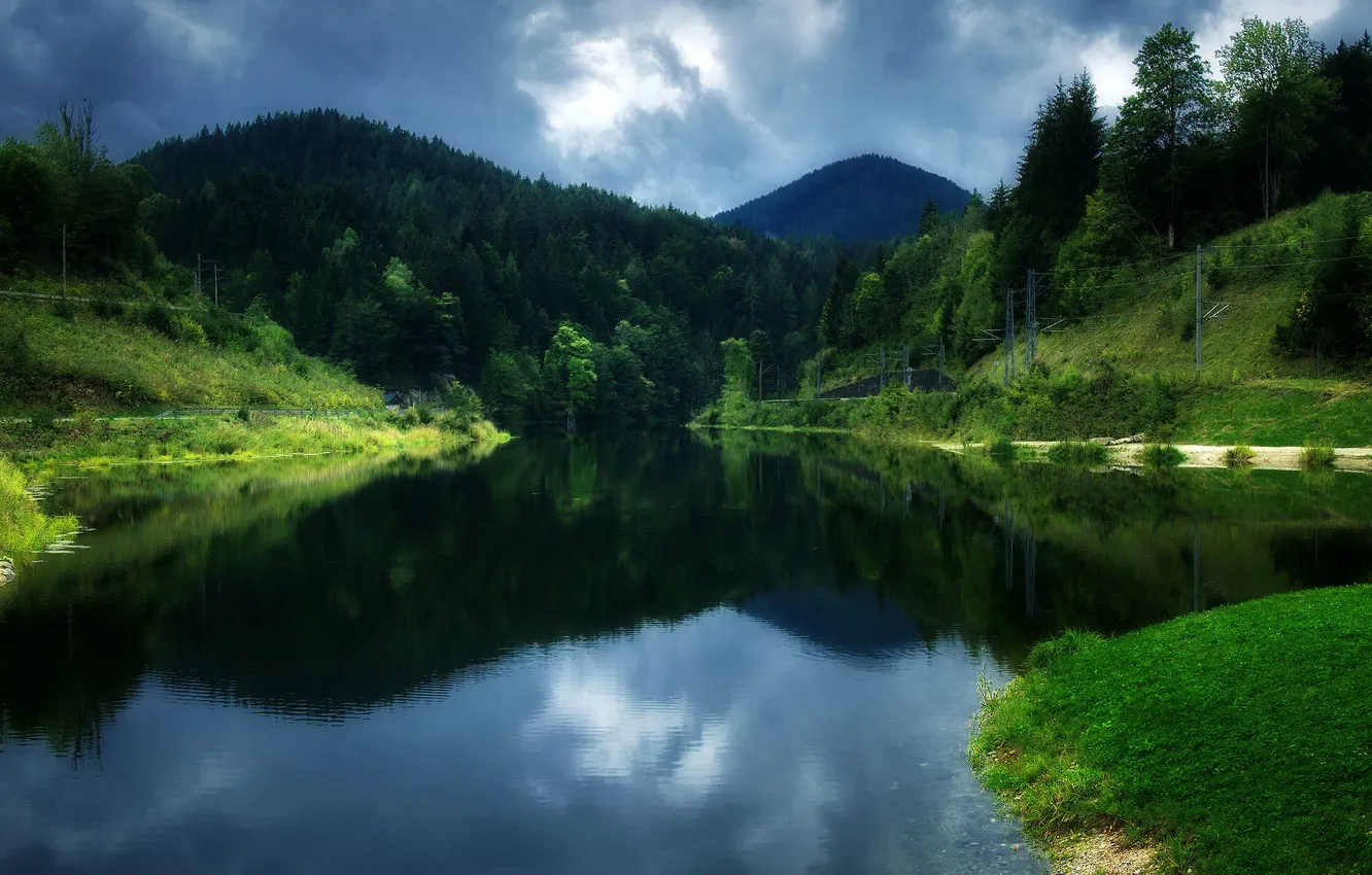 Photo wallpaper the sky, clouds, trees, lake, reflection, Austria, mirror, power lines