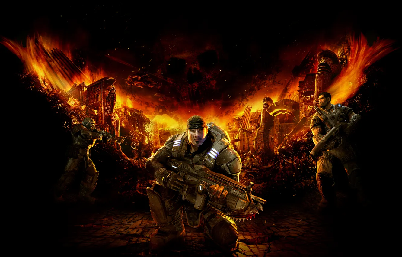 Photo wallpaper weapons, team, armor, saw, rifle, Microsoft Game Studios, Epic Games, Gears of War: Ultimate Edition