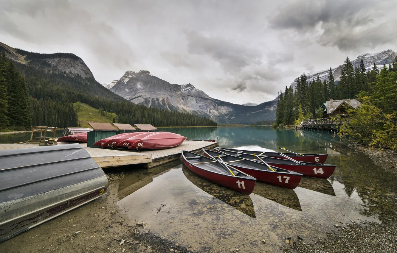 Photo wallpaper forest, mountains, nature, lake, Marina, boats, Canada, canoe