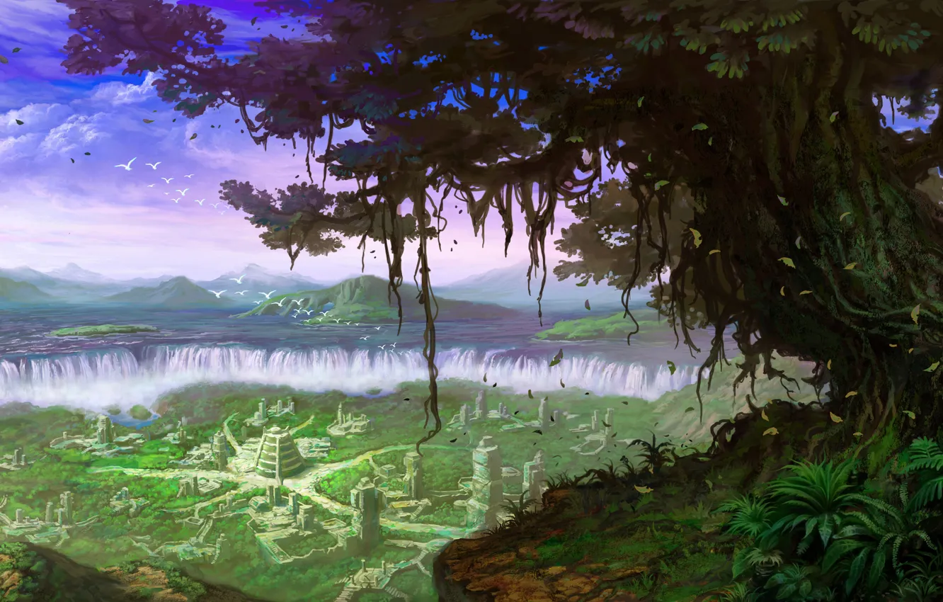 Photo wallpaper trees, landscape, the city, fiction, island, waterfall, ruins, vines