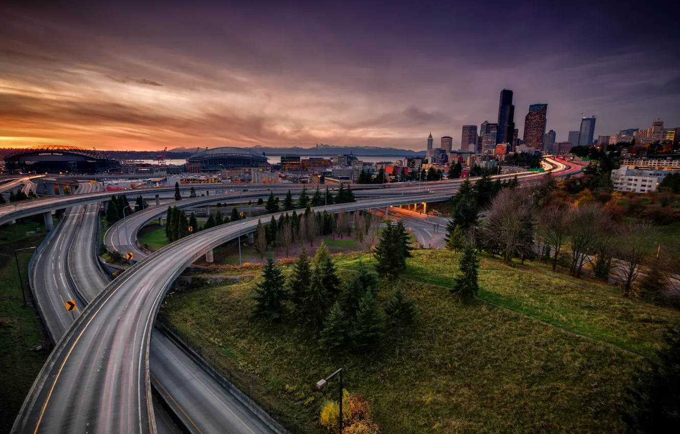 Photo wallpaper road, sunset, the city