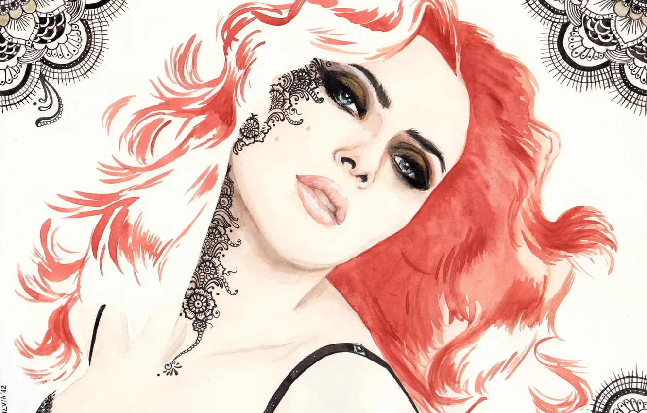 Photo wallpaper look, girl, face, pattern, hair, makeup, tattoo, painting