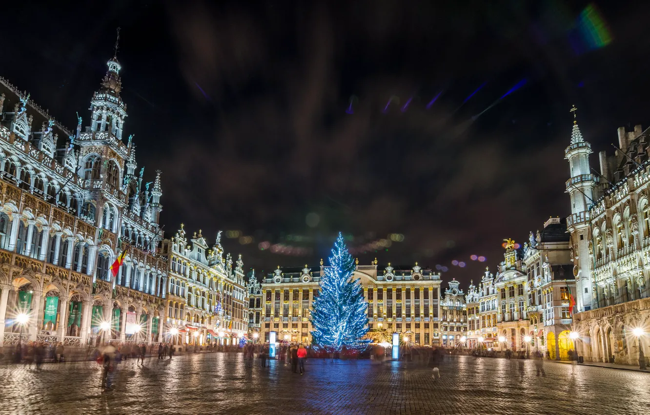 Photo wallpaper night, lights, tree, Christmas, Belgium, Brussels, Grand Place