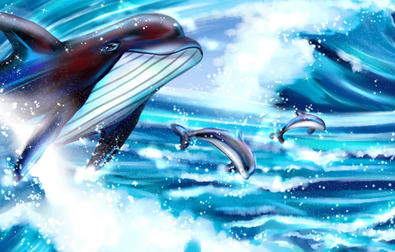 Photo wallpaper sea, the sky, dolphins