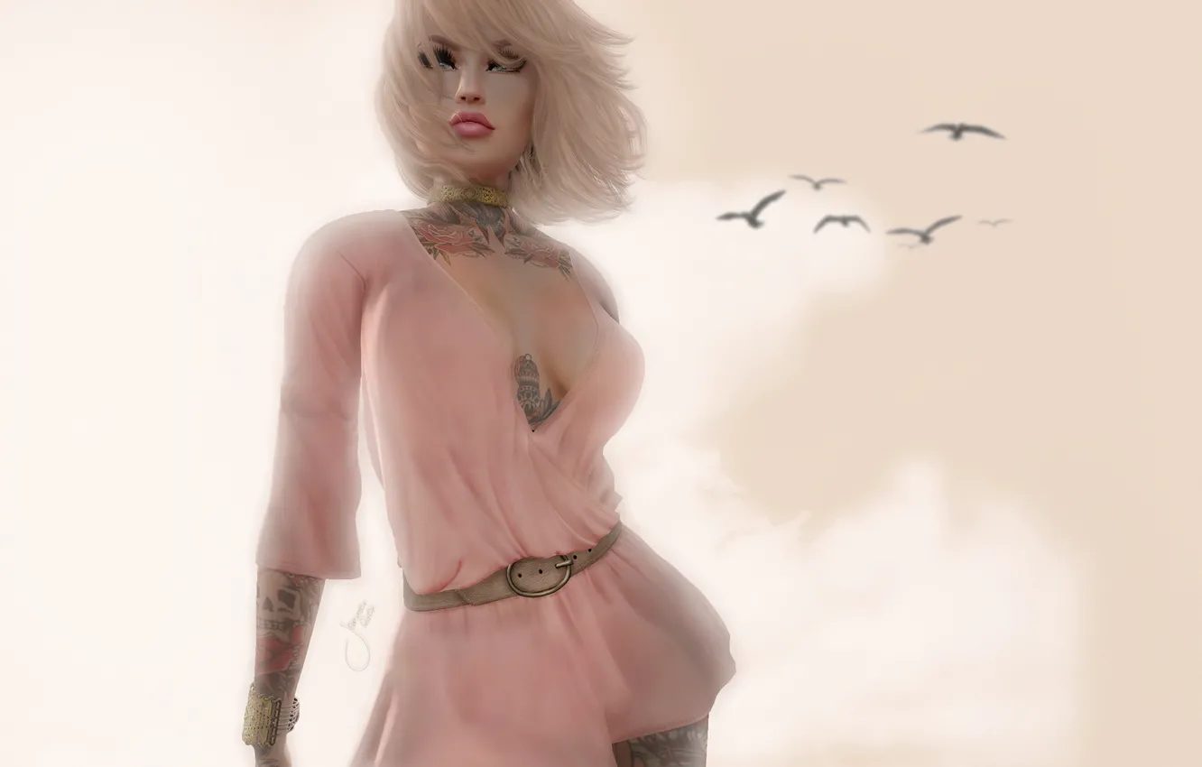 Photo wallpaper girl, birds, face, background, figure, tattoo