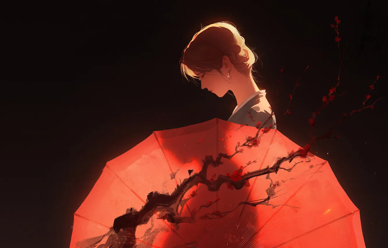 Photo wallpaper girl, sprig, umbrella, flowering