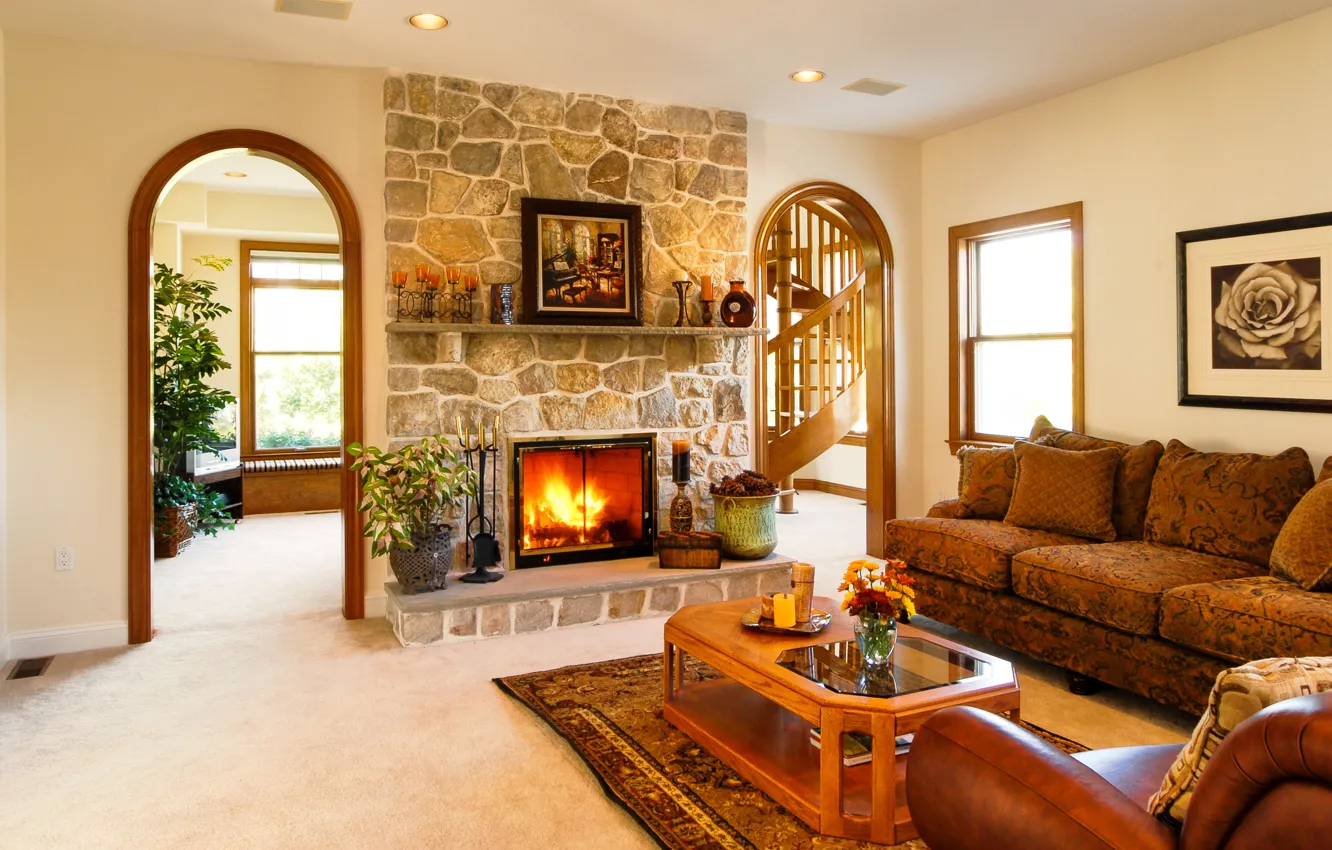 Photo wallpaper design, sofa, Villa, interior, ladder, fireplace, living room