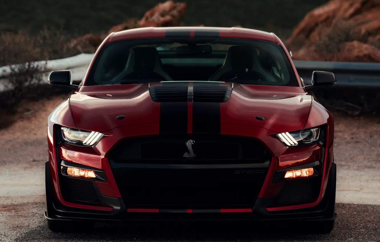 Photo wallpaper Mustang, Ford, Shelby, GT500, front view, bloody, 2019