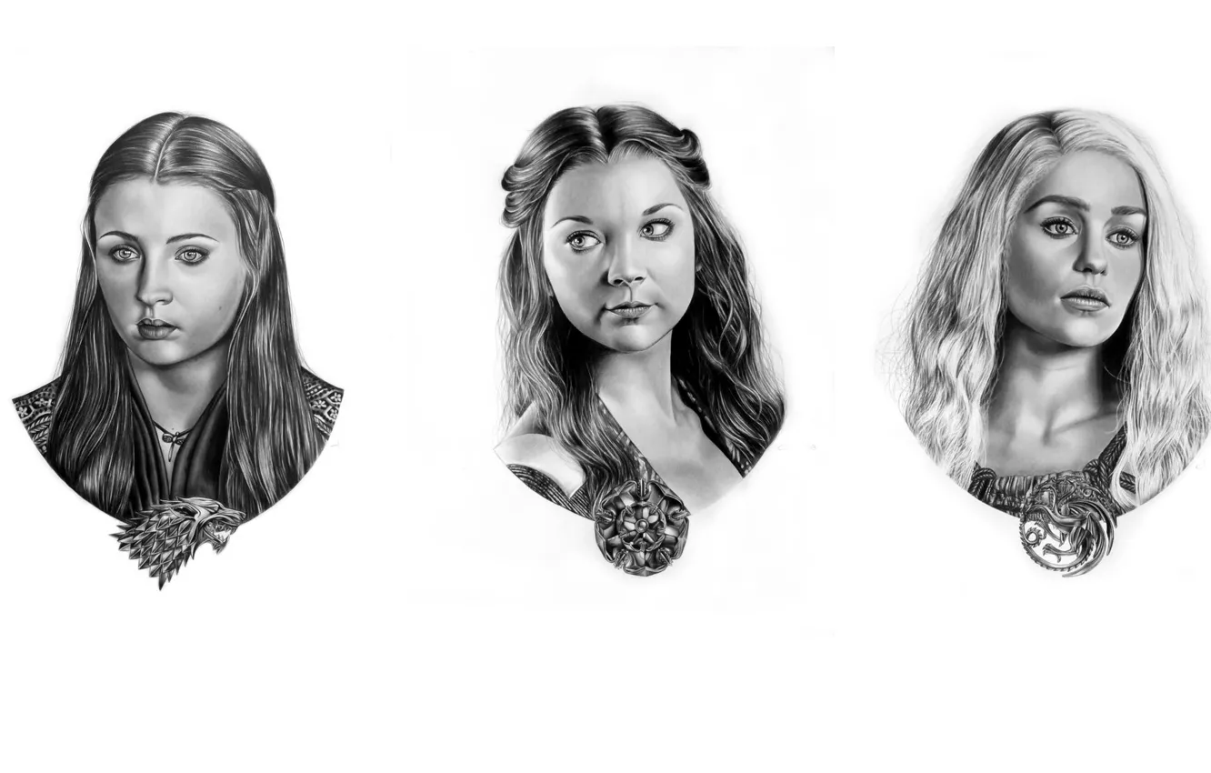 Photo wallpaper figure, portrait, pencils, coat of arms, Game of Thrones, Daenerys Targaryen, Sansa Stark, Margaery Tyrell
