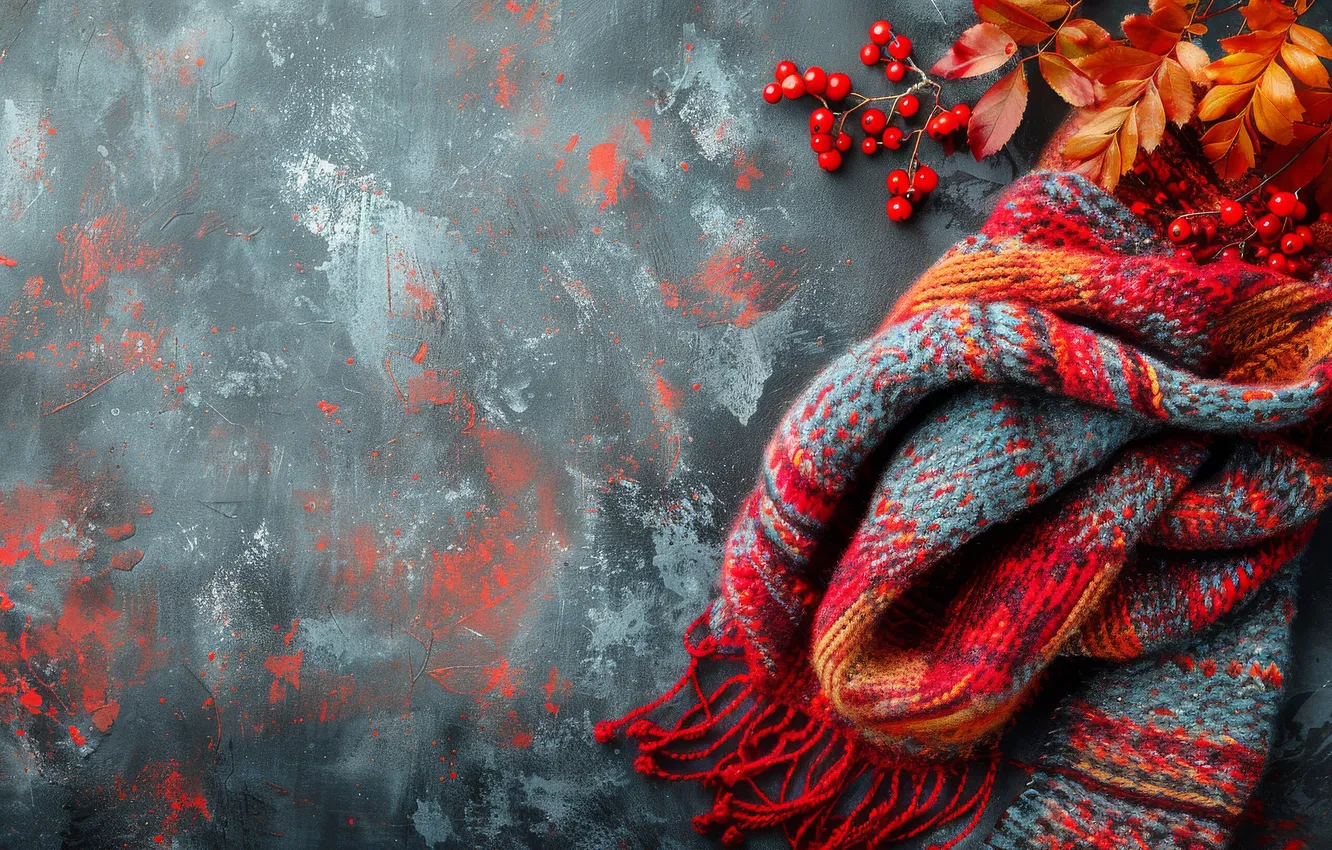 Photo wallpaper autumn, leaves, branches, red, berries, scarf, fruit, plaid