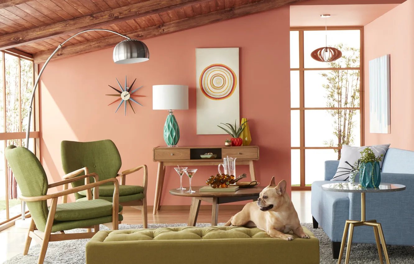 Photo wallpaper style, retro, room, interior, living room, retro style, Mid-Century Modern, old-new look