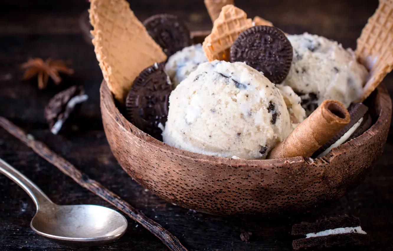 Photo wallpaper spoon, ice cream, bowl, dessert, waffles
