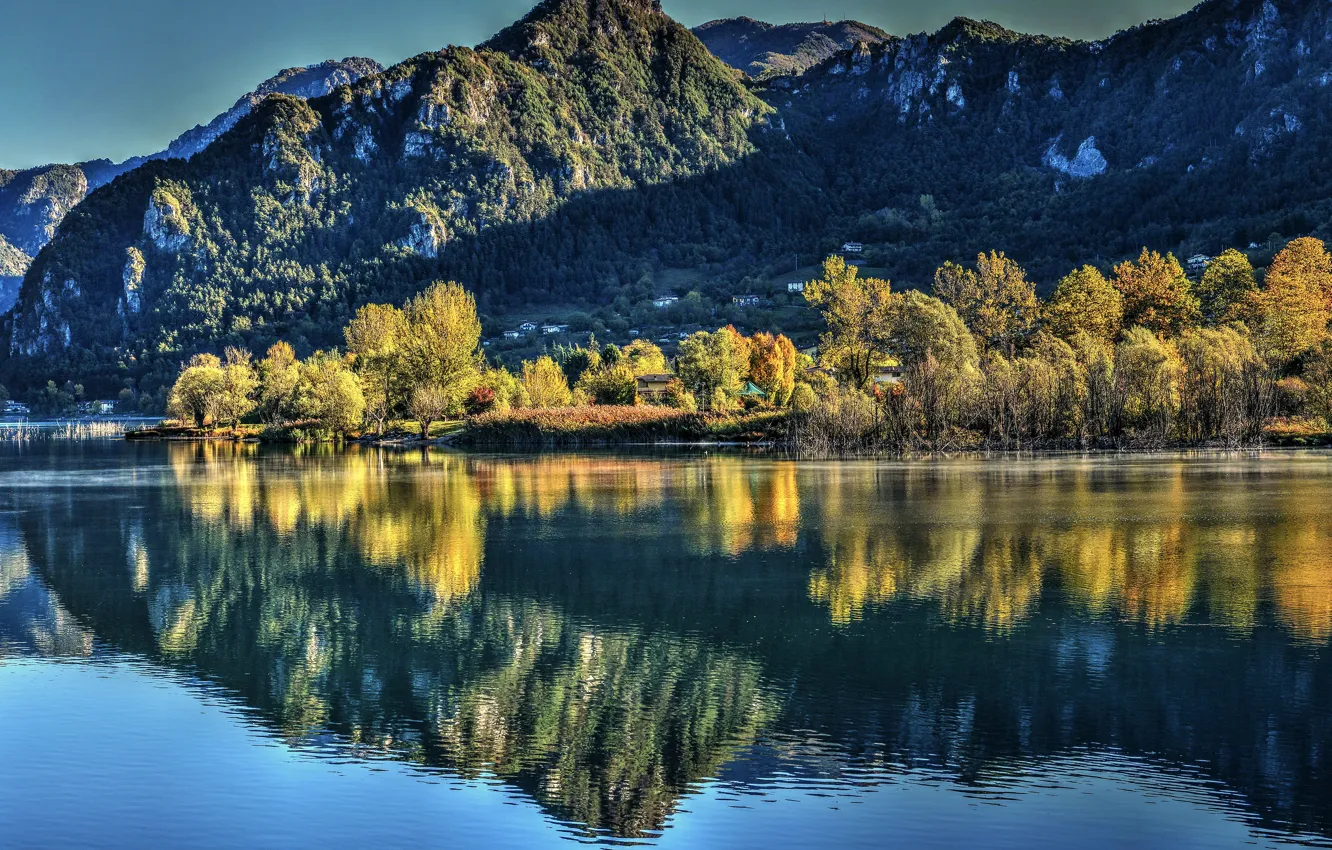 Photo wallpaper autumn, forest, light, trees, mountains, yellow, lake, reflection