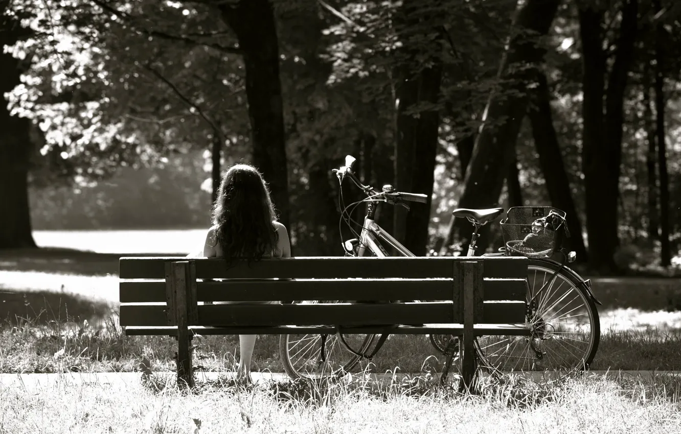 Photo wallpaper grass, girl, the sun, trees, bench, bike, Park, black and white