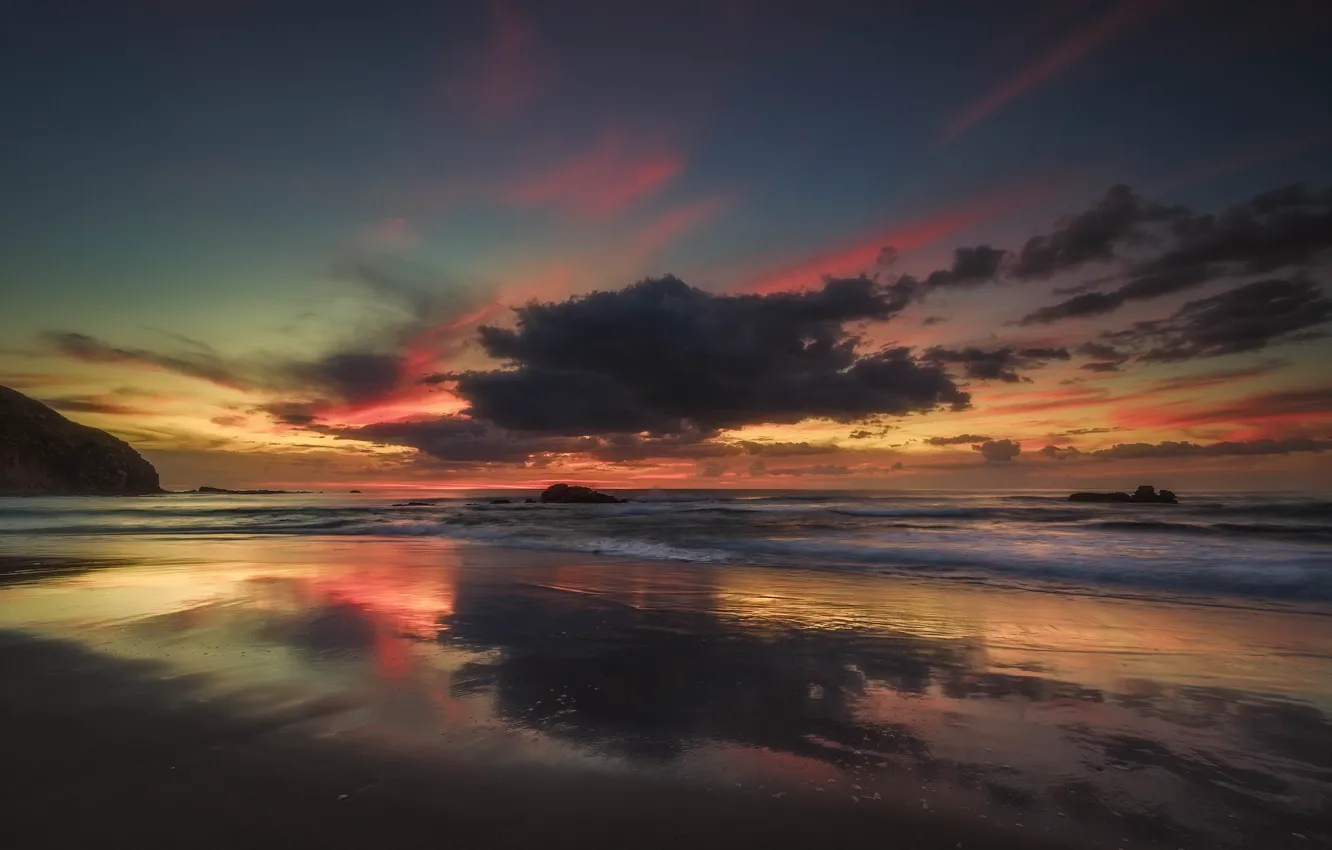 Photo wallpaper beach, the sky, clouds, the ocean, dawn, New Zealand, Waikato