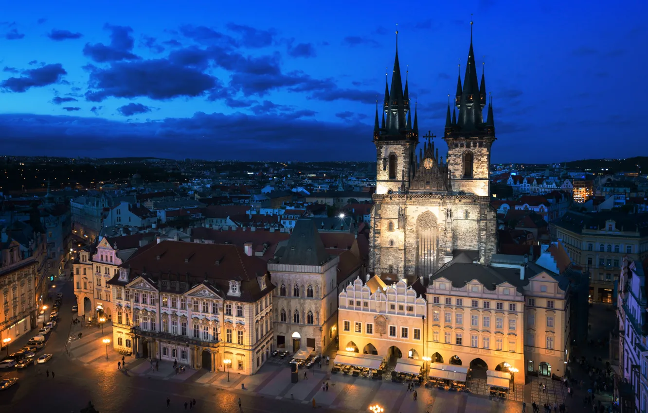 Photo wallpaper the sky, clouds, lights, castle, street, home, the evening, Prague