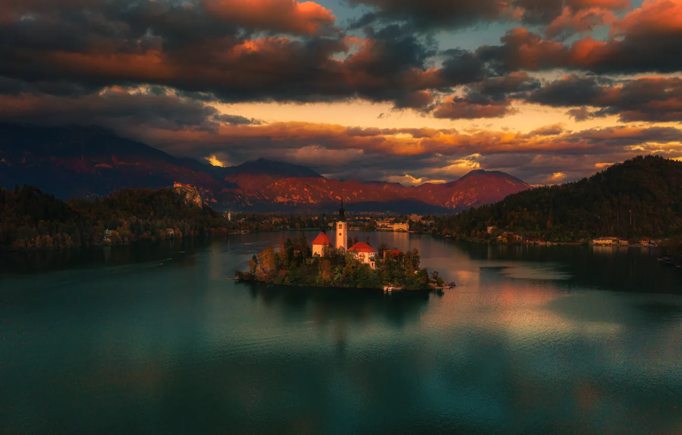 Photo wallpaper landscape, sunset, mountains, nature, lake, Church, island, Slovenia