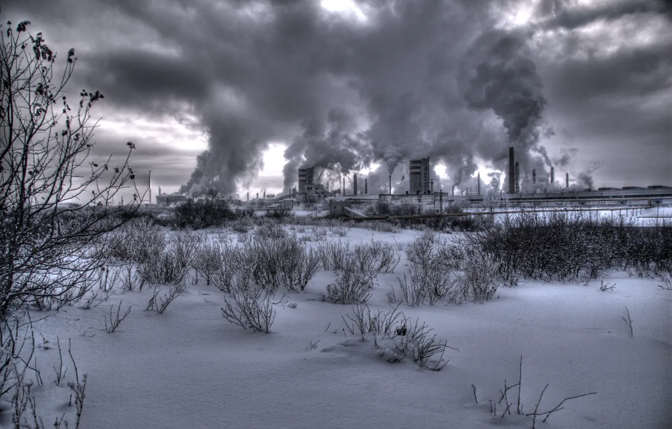 Photo wallpaper winter, plant, smoke, smoke, winter, factory, nuclear, nuclear power plant