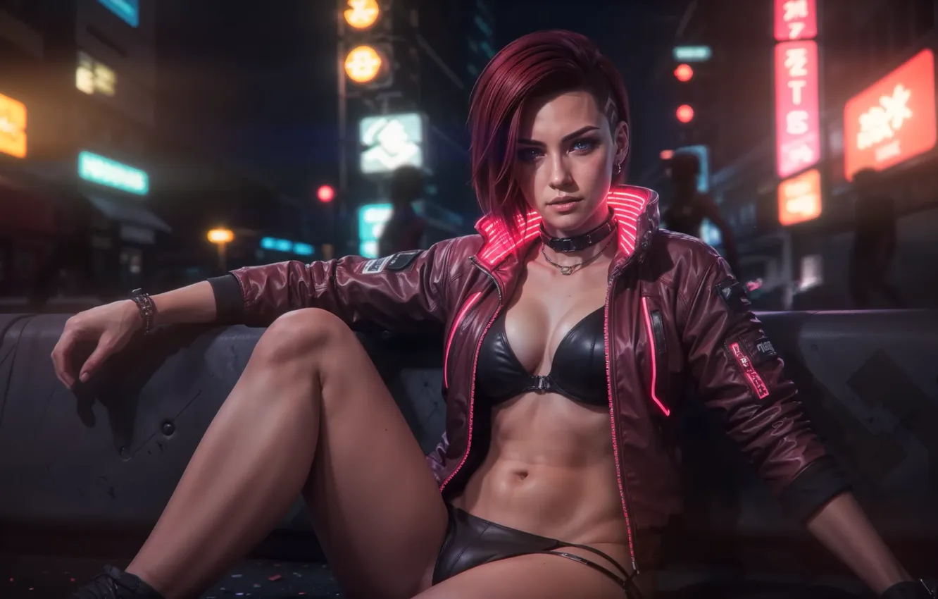 Photo wallpaper panties, science fiction, blue eyes, women, redhead, Cyberpunk 2077, looking at viewer, choker