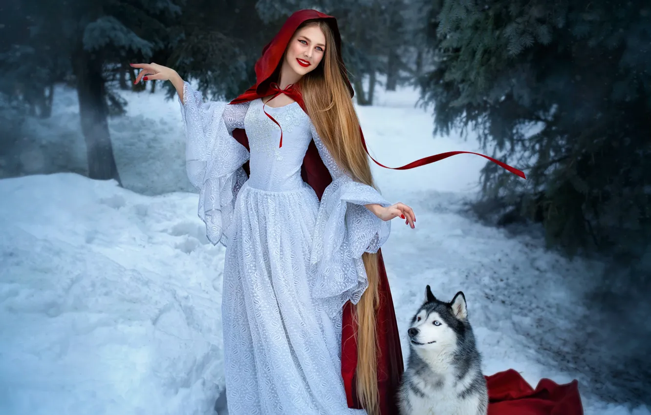 Photo wallpaper winter, forest, girl, snow, pose, smile, dance, dog