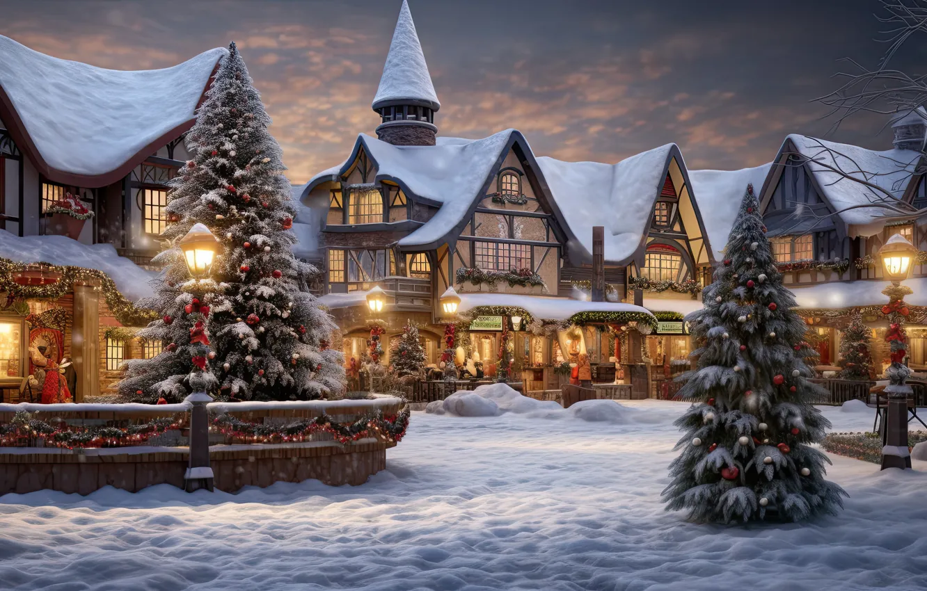 Photo wallpaper winter, snow, decoration, night, the city, lights, street, tree