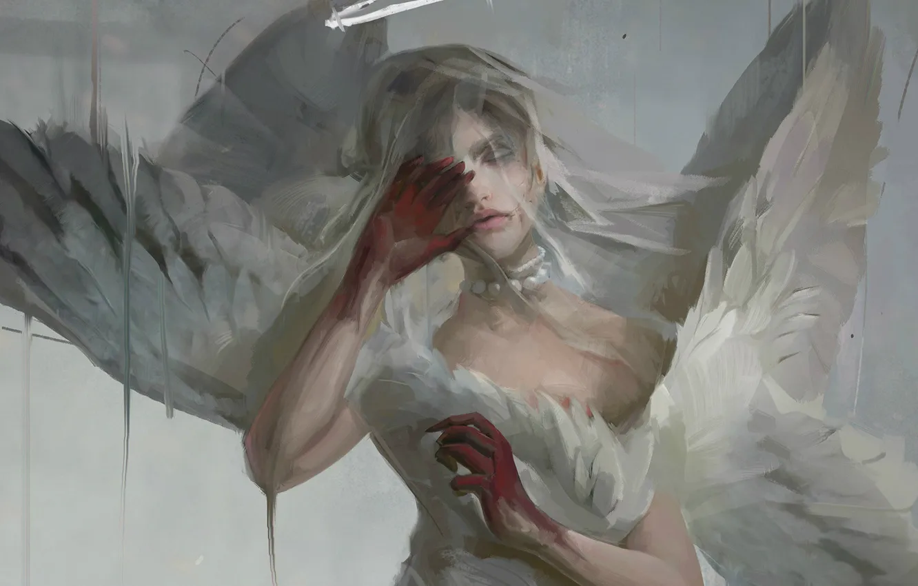 Photo wallpaper pain, grey background, madness, halo, the angel of death, blood on his hands