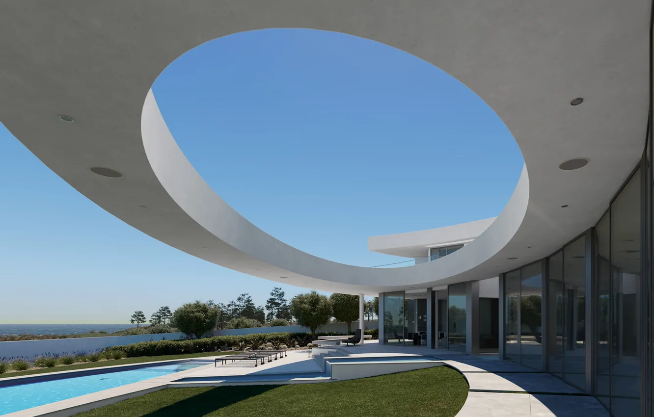 Photo wallpaper lawn, shadow, architecture, structure, pond