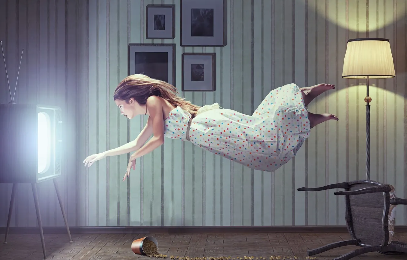 Photo wallpaper girl, space, room, TV, popcorn, weightlessness