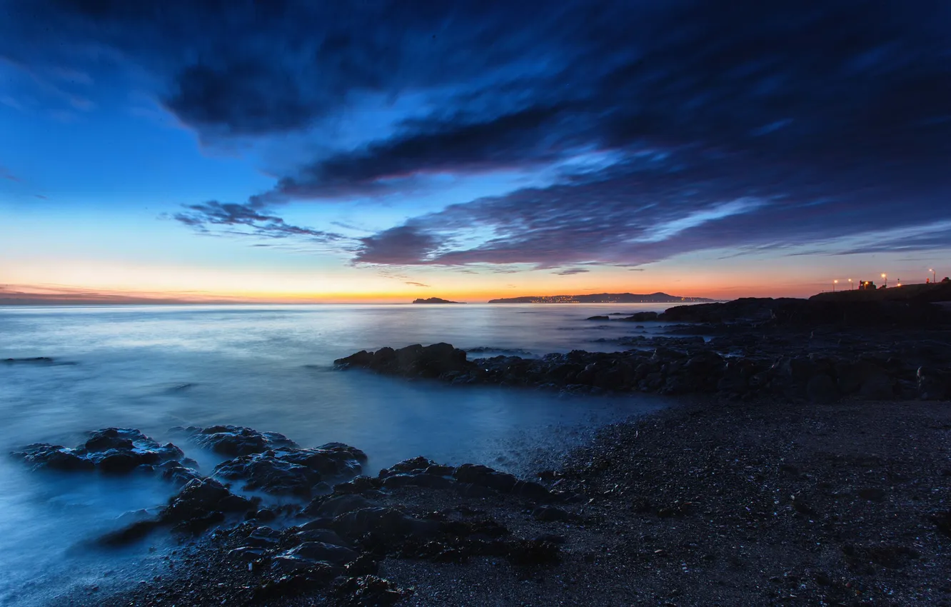 Photo wallpaper sea, clouds, lights, dawn, shore