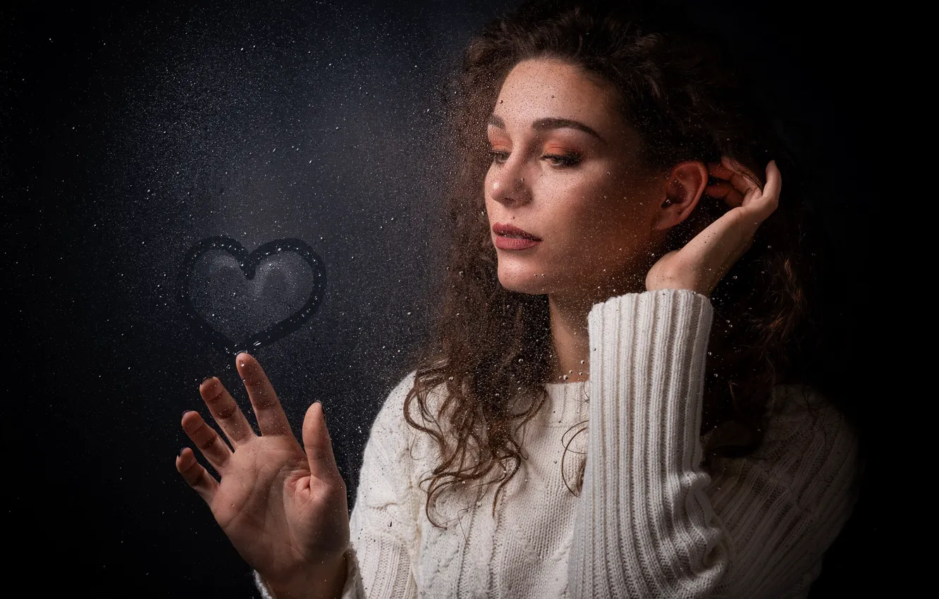 Photo wallpaper girl, figure, hearts, behind the glass