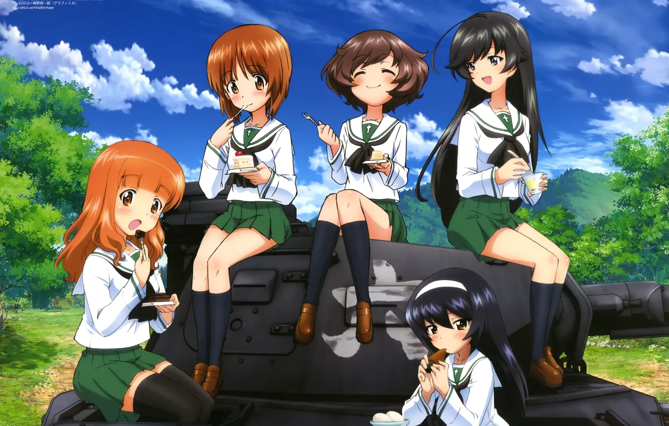 Photo wallpaper girl, tank, cake, happy, tankistki, Saori Takebe, Miho Nishizumi, Girls and Panzer