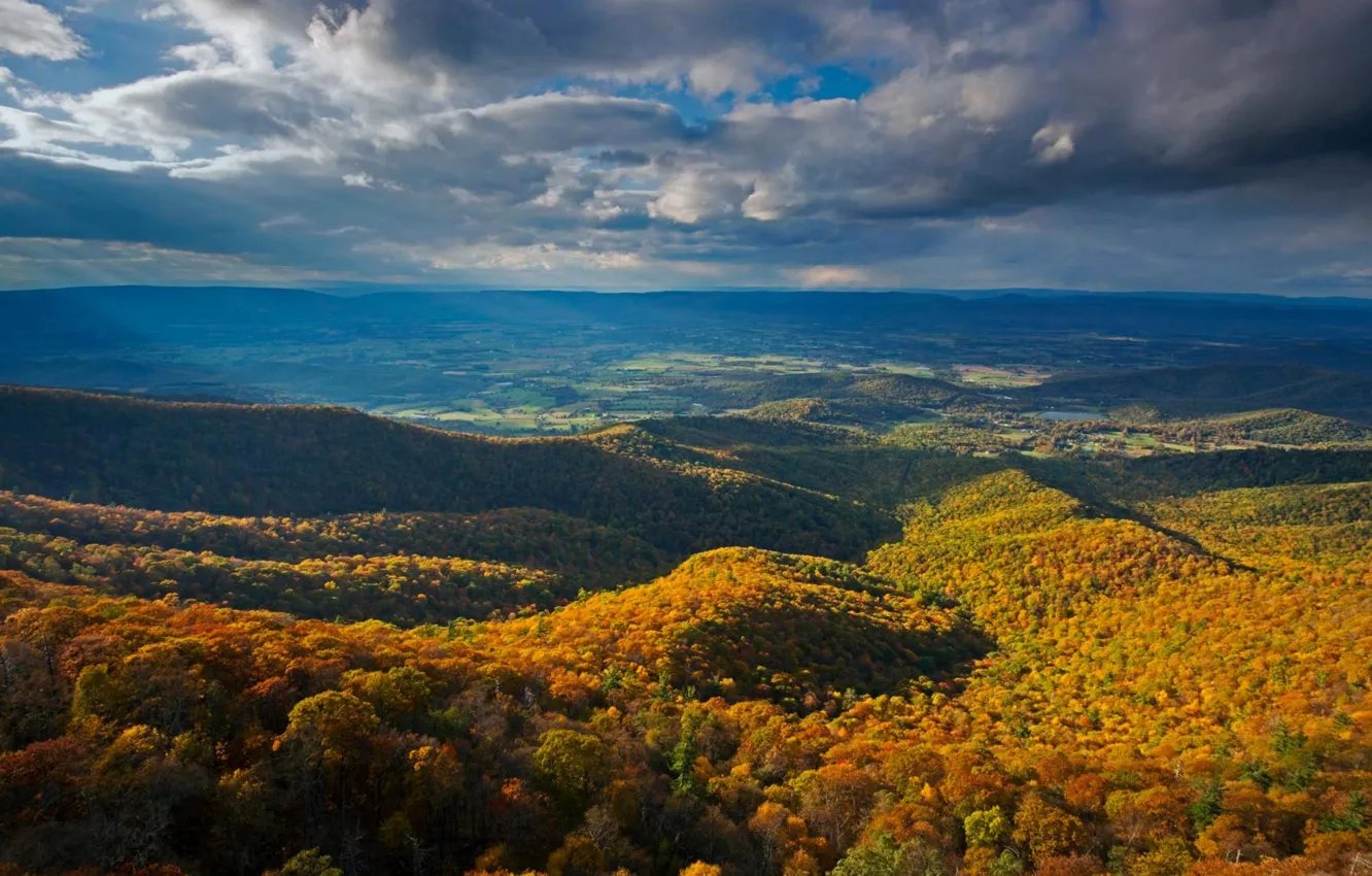 Photo wallpaper autumn, forest, clouds, mountains, panorama, USA, Virginia, National Park