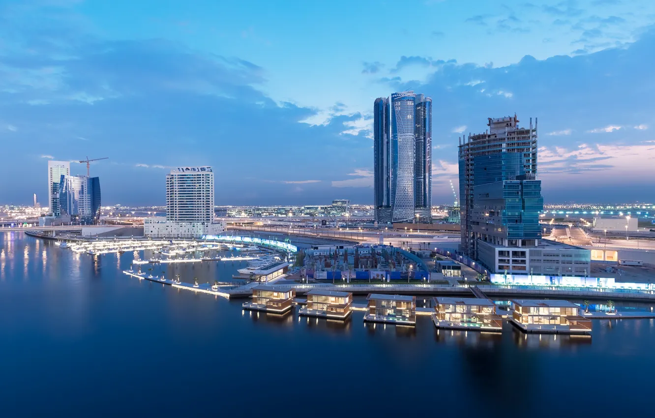 Photo wallpaper the city, the evening, pier, Dubai, Dubai, promenade, UAE, Marasi Business Bay