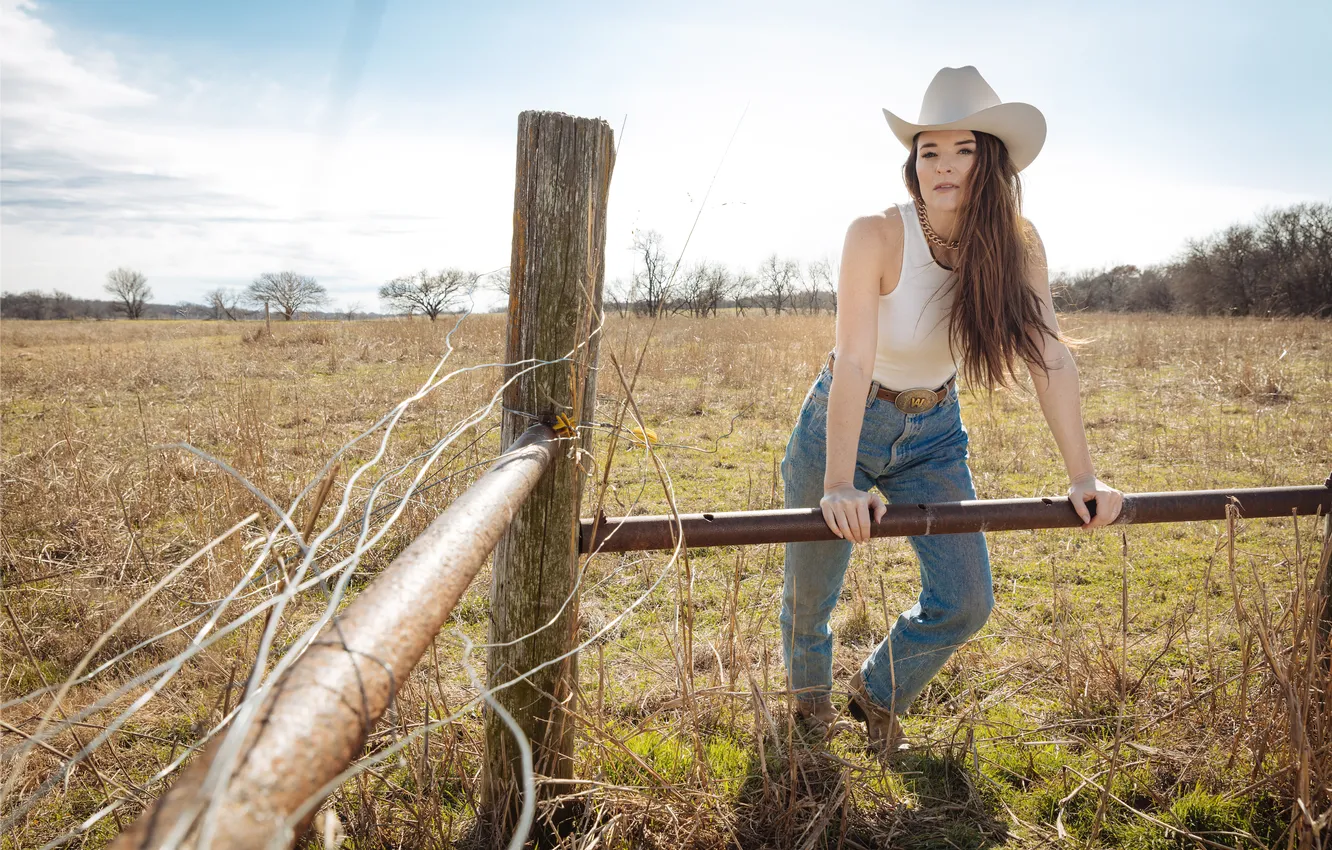 Photo wallpaper Girl, summer, grass, meadow, sky blue, Cow Girl, Jenna Paulette