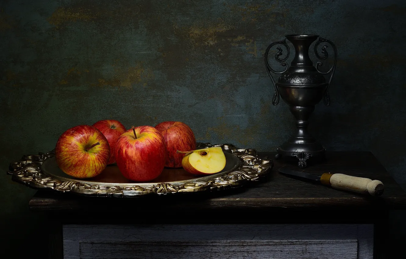 Photo wallpaper background, apples, dark, still life