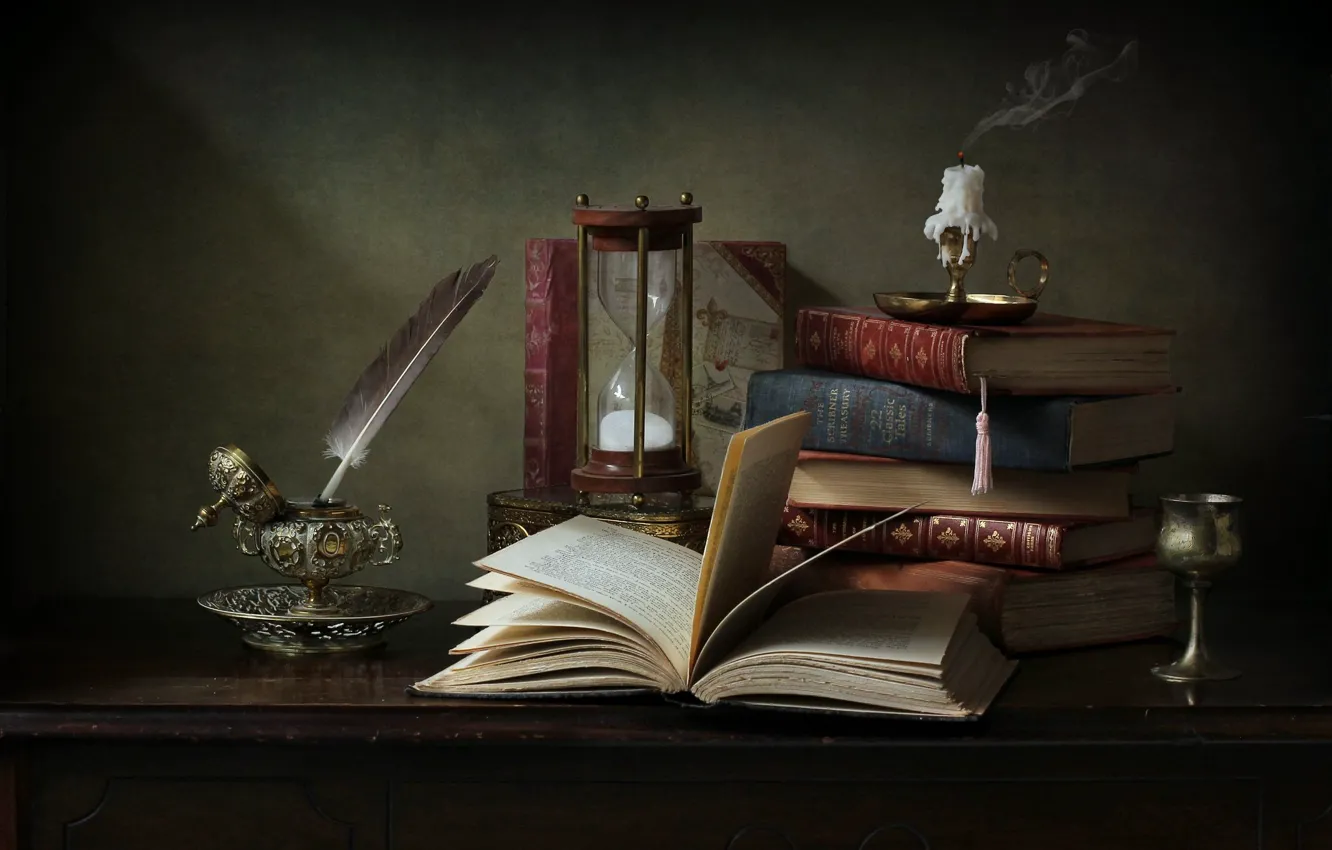 Photo wallpaper pen, glass, books, candle, still life, hourglass