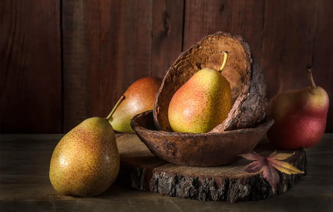 Photo wallpaper leaves, yellow, table, Board, bowl, fruit, still life, pear
