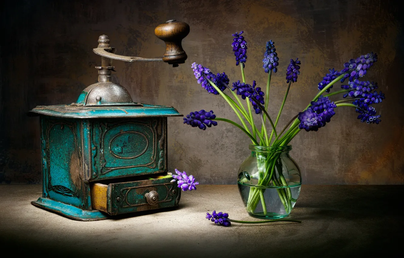 Photo wallpaper retro, still life, Muscari, spring flowers, coffee grinder