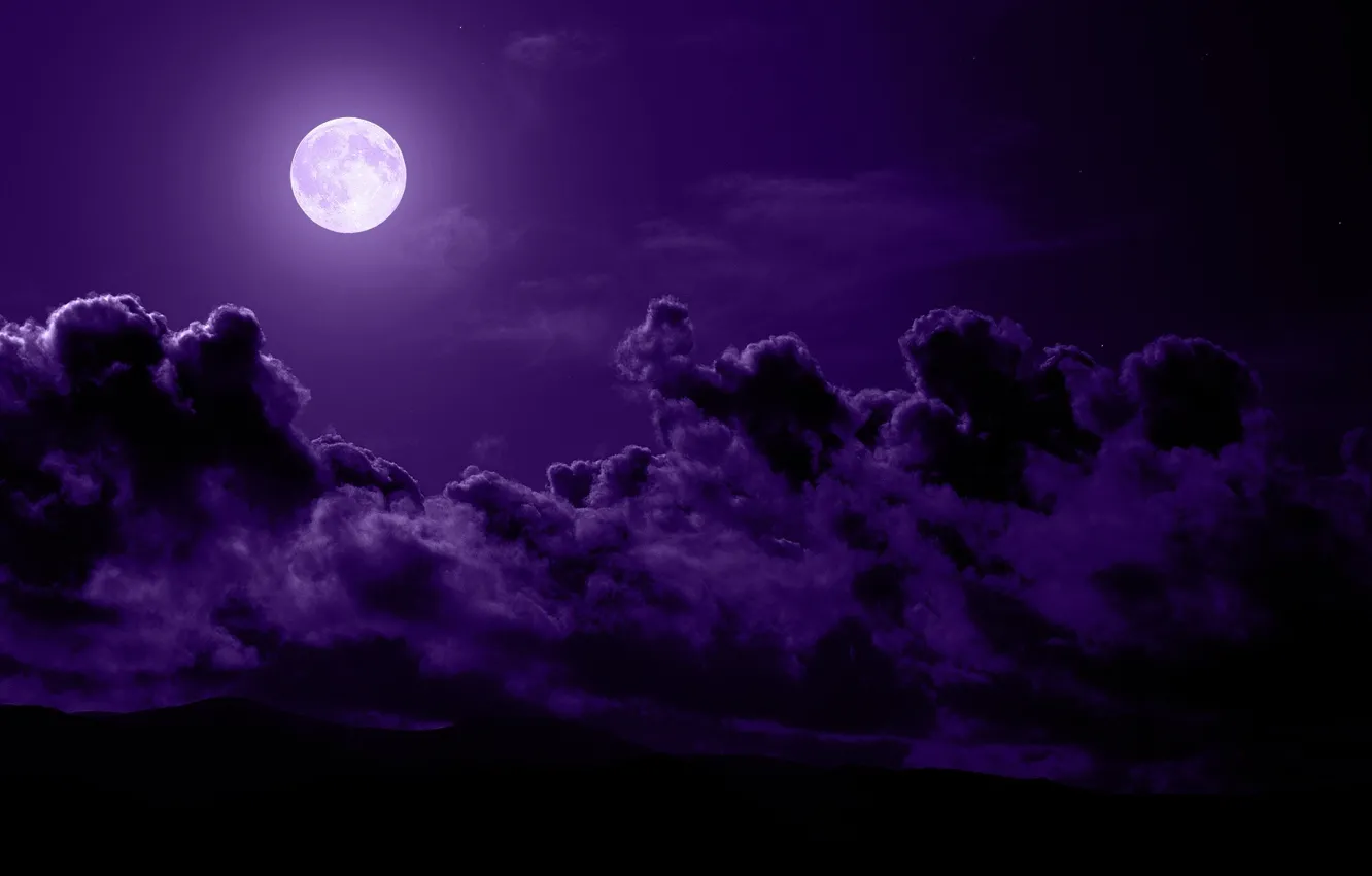 Photo wallpaper clouds, mountains, night, the moon, purple