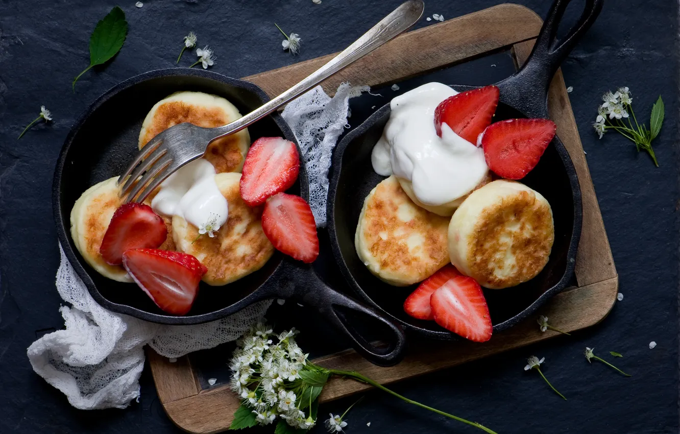 Photo wallpaper flowers, berries, Board, strawberry, plug, still life, pan, pancakes