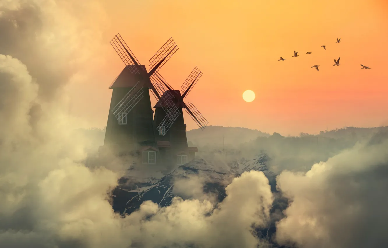 Photo wallpaper the sun, clouds, mountains, fog, rendering, bird, pack, morning