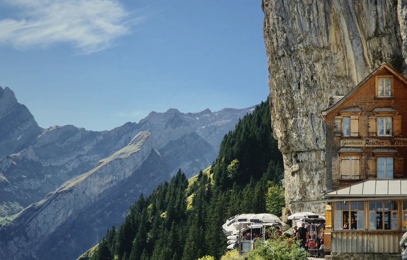 Photo wallpaper forest, mountains, nature, people, building, home, Switzerland