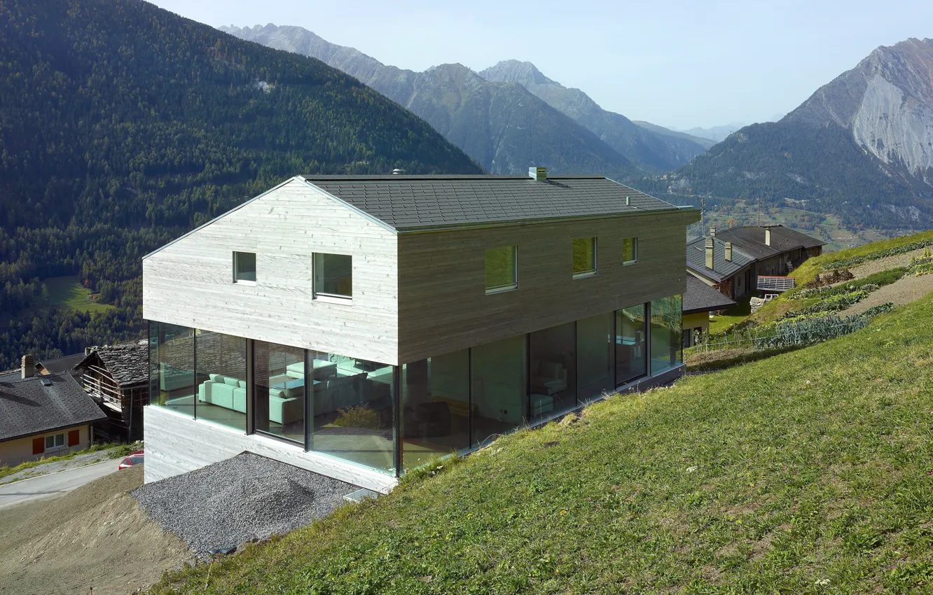 Photo wallpaper mountains, Villa, Switzerland, architecture, house in Switzerland Alps, by Savioz Fabrizzi Architectes, Val d’Entremont House