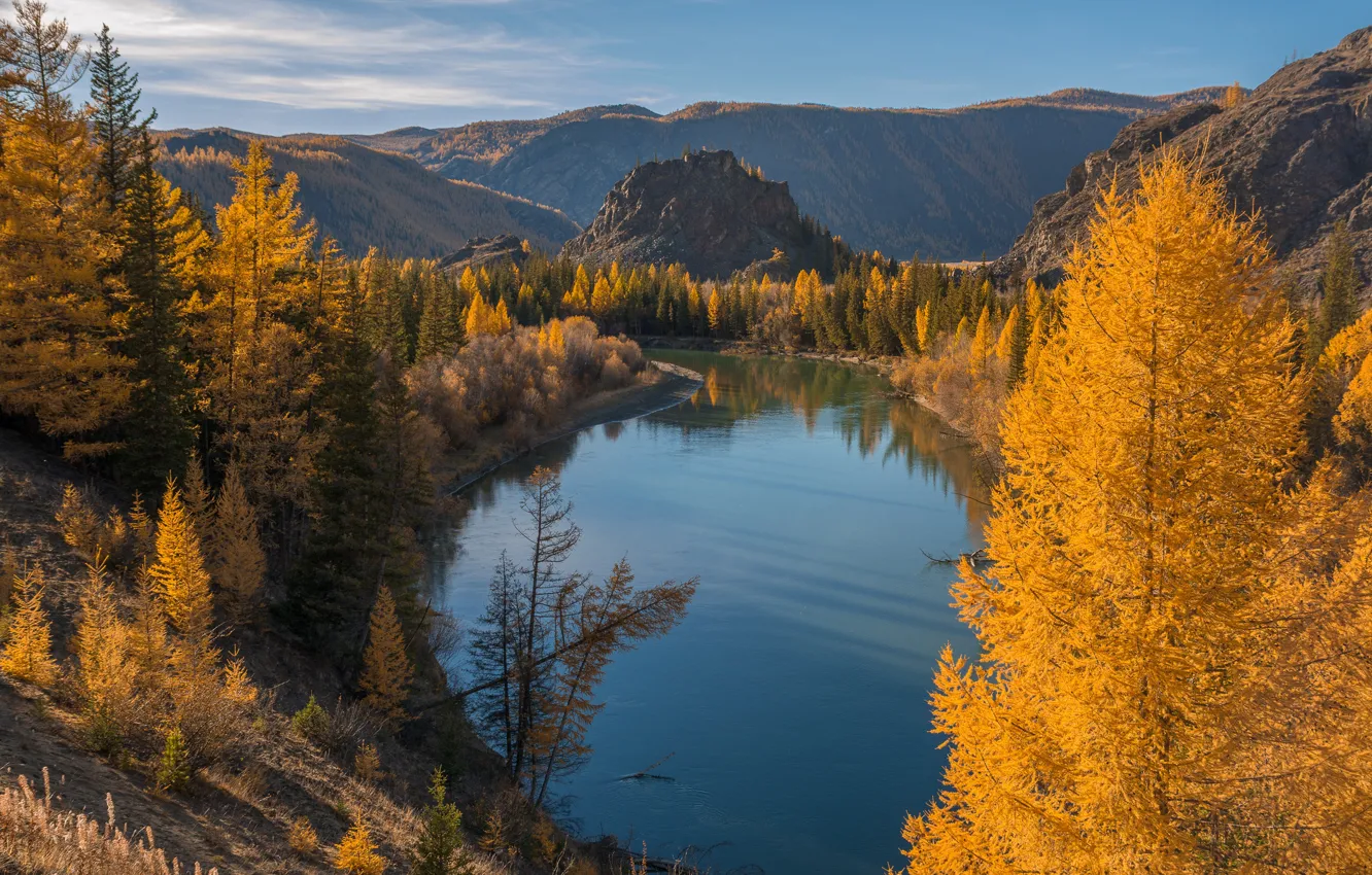 Photo wallpaper autumn, landscape, mountains, nature, river, forest, Altay, Sensing