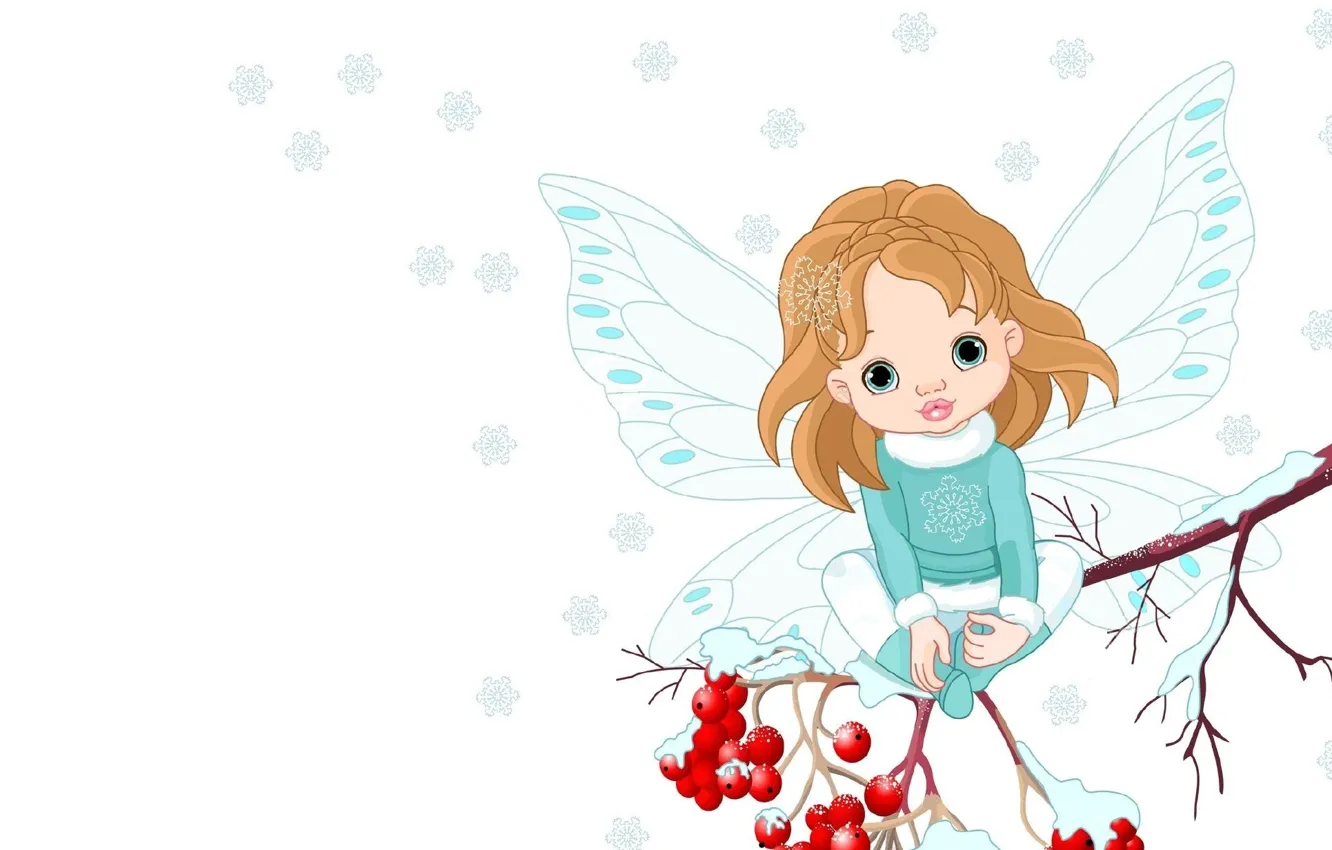 Photo wallpaper winter, snowflakes, sprig, mood, wings, art, Rowan, children's