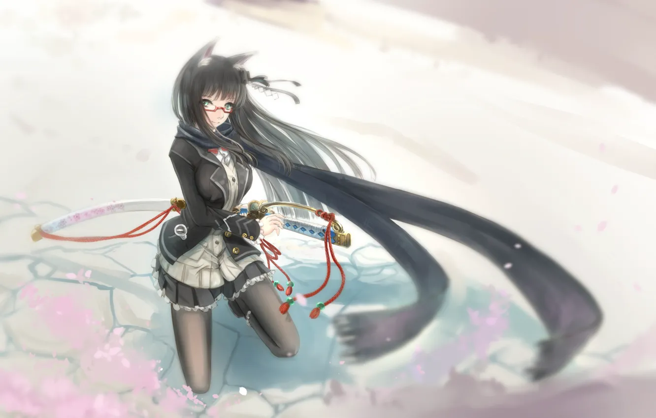 Photo wallpaper girl, weapons, katana, anime, scarf, art, ears, kikivi